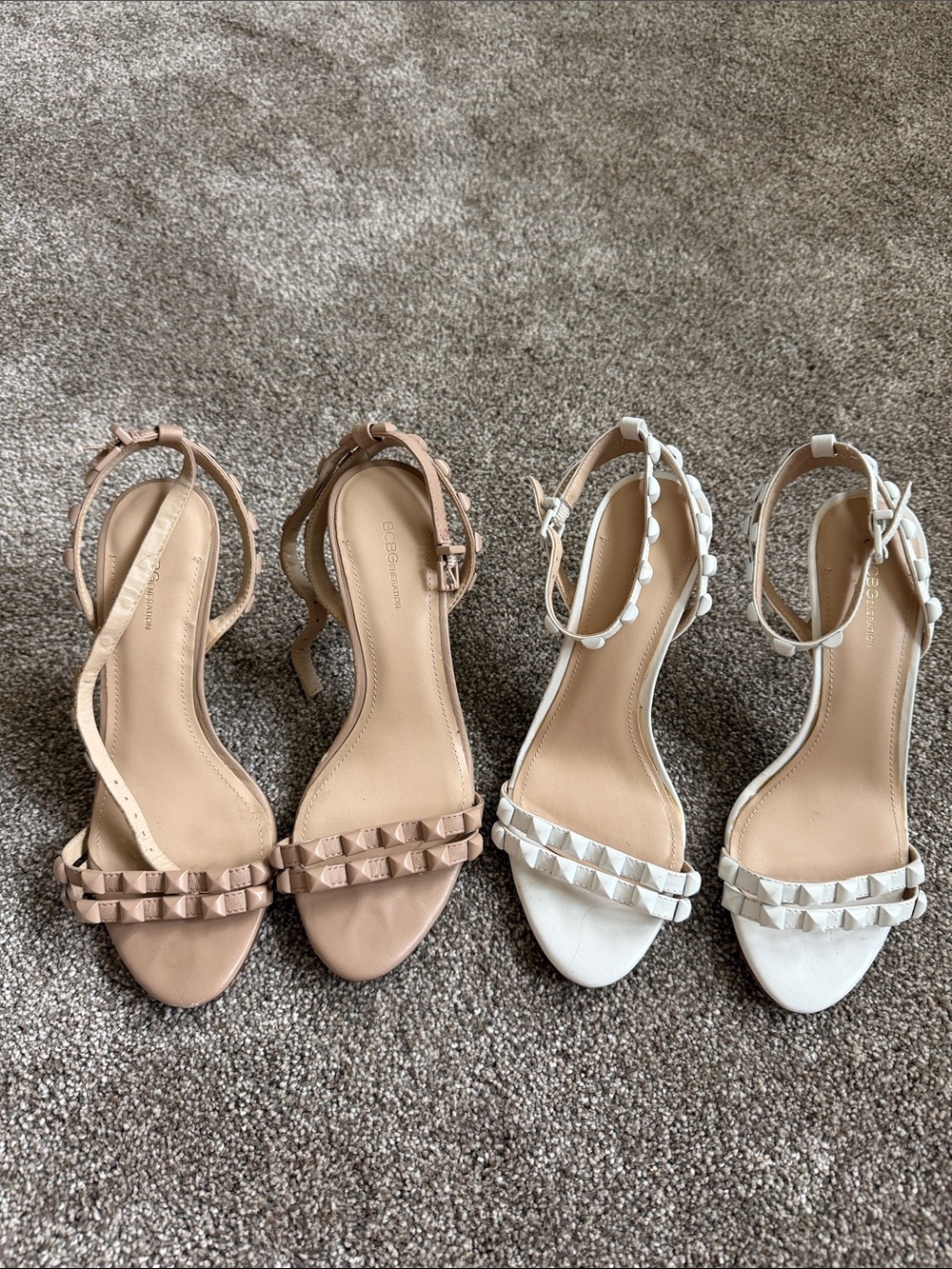 BCBGeneration Studded Ankle-Strap Heels in Nude and White